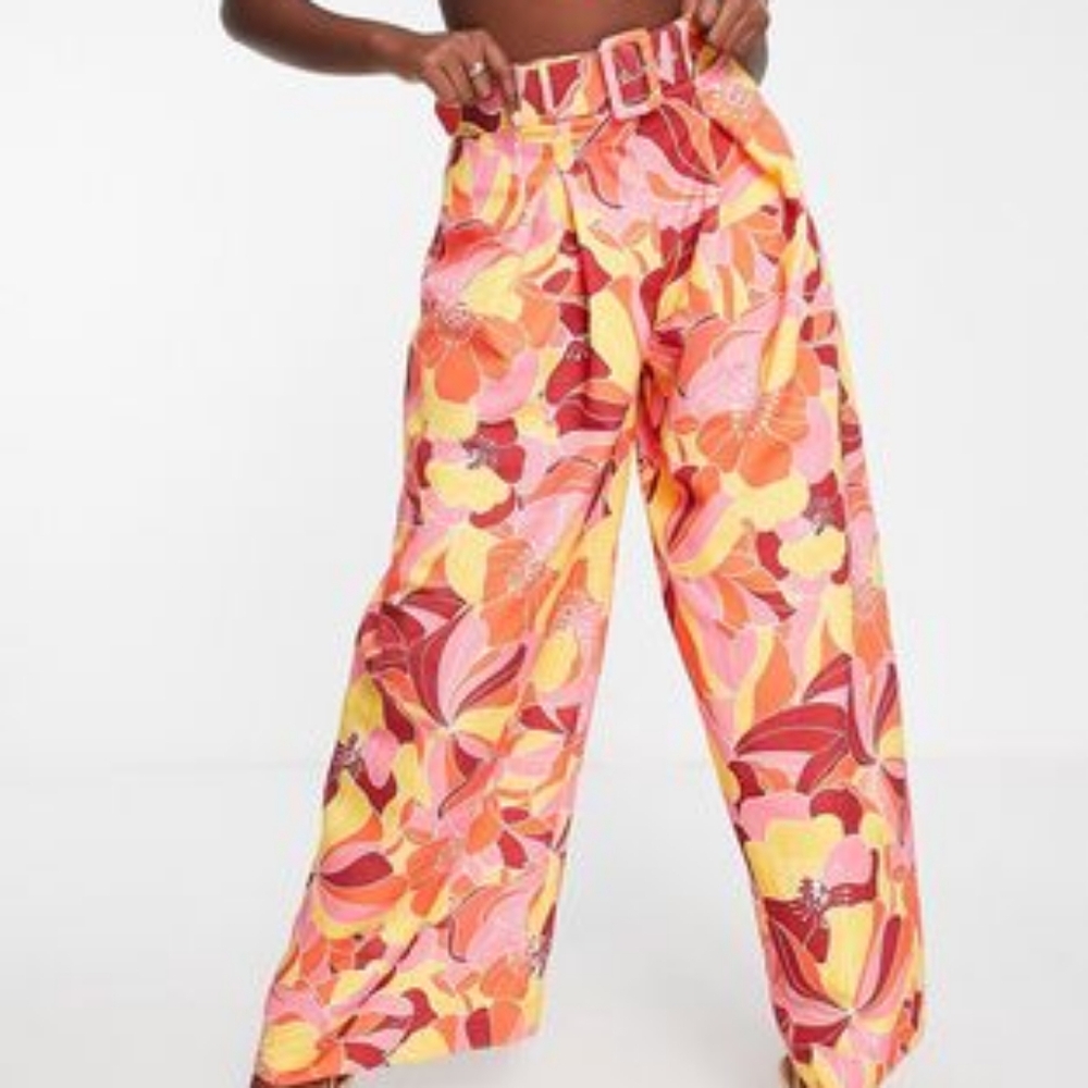 Asos luxe wide leg Belted pleated pants on bright floral prints